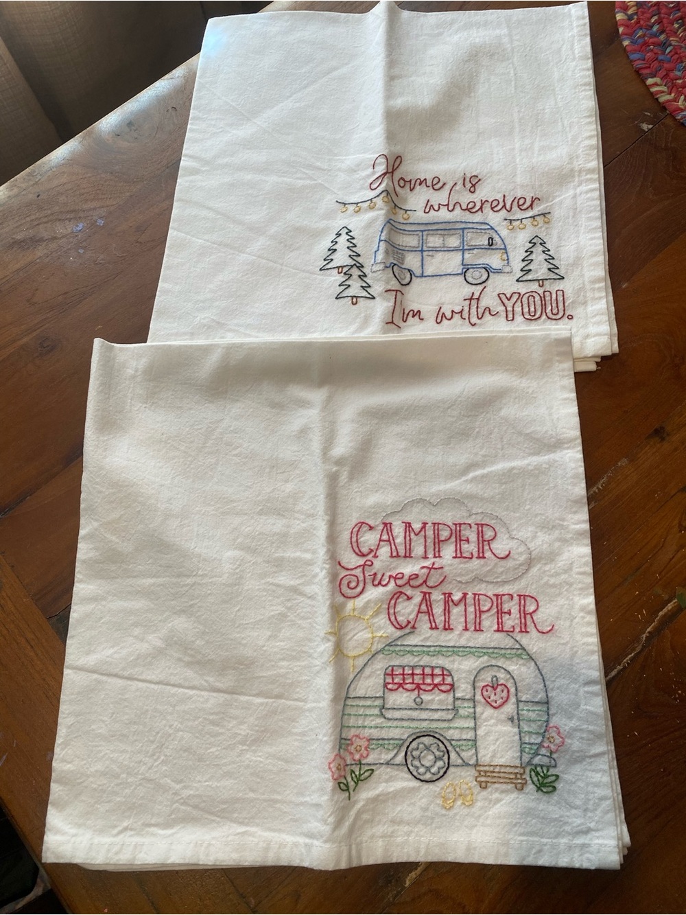 Camper Sweet Camper Hand  Embroidered Kitchen Towels - White